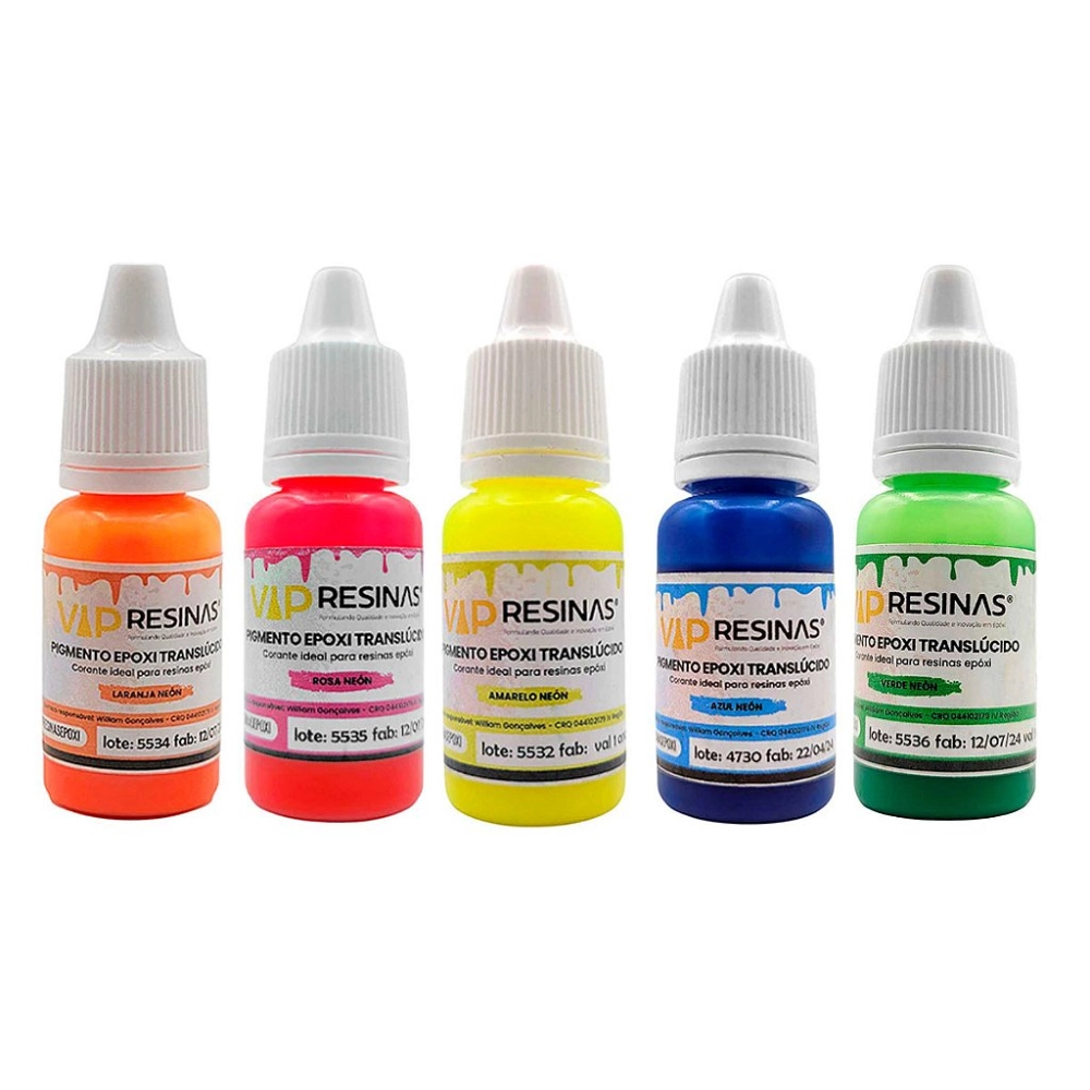 Kit 5 Cores Pigmento Epóxi Translúcido Neon 10g Vip Resinas Kit 5 Cores Pigmento Epóxi Translúcido Neon 10g Vip Resinas