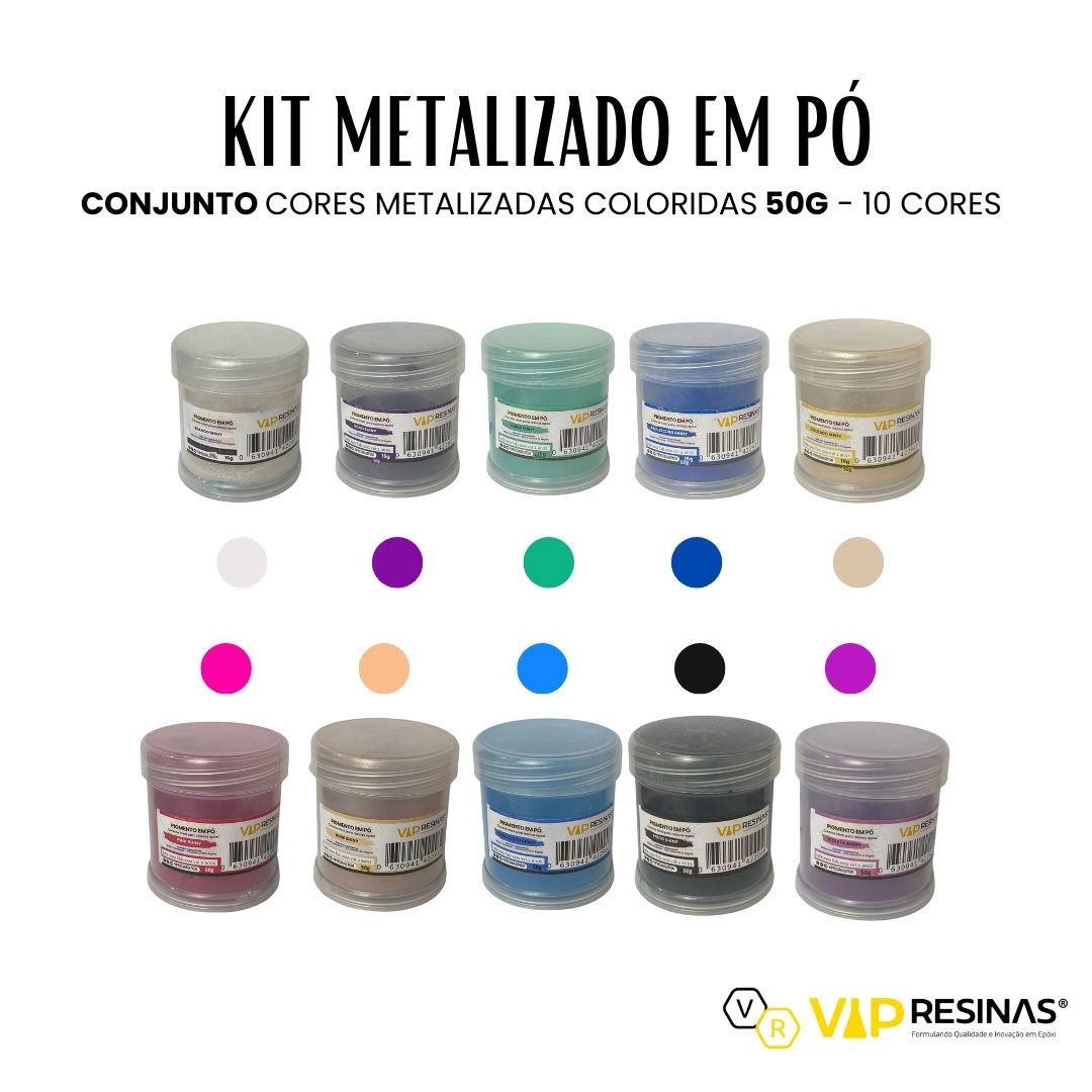 Kit 10 Pigmentos Epóxi Em Pó P/resinas Cores Shiny 50g cada Vip Resinas Kit 10 Pigmentos Epóxi Em Pó P/resinas Cores Shiny 50g cada Vip Resinas