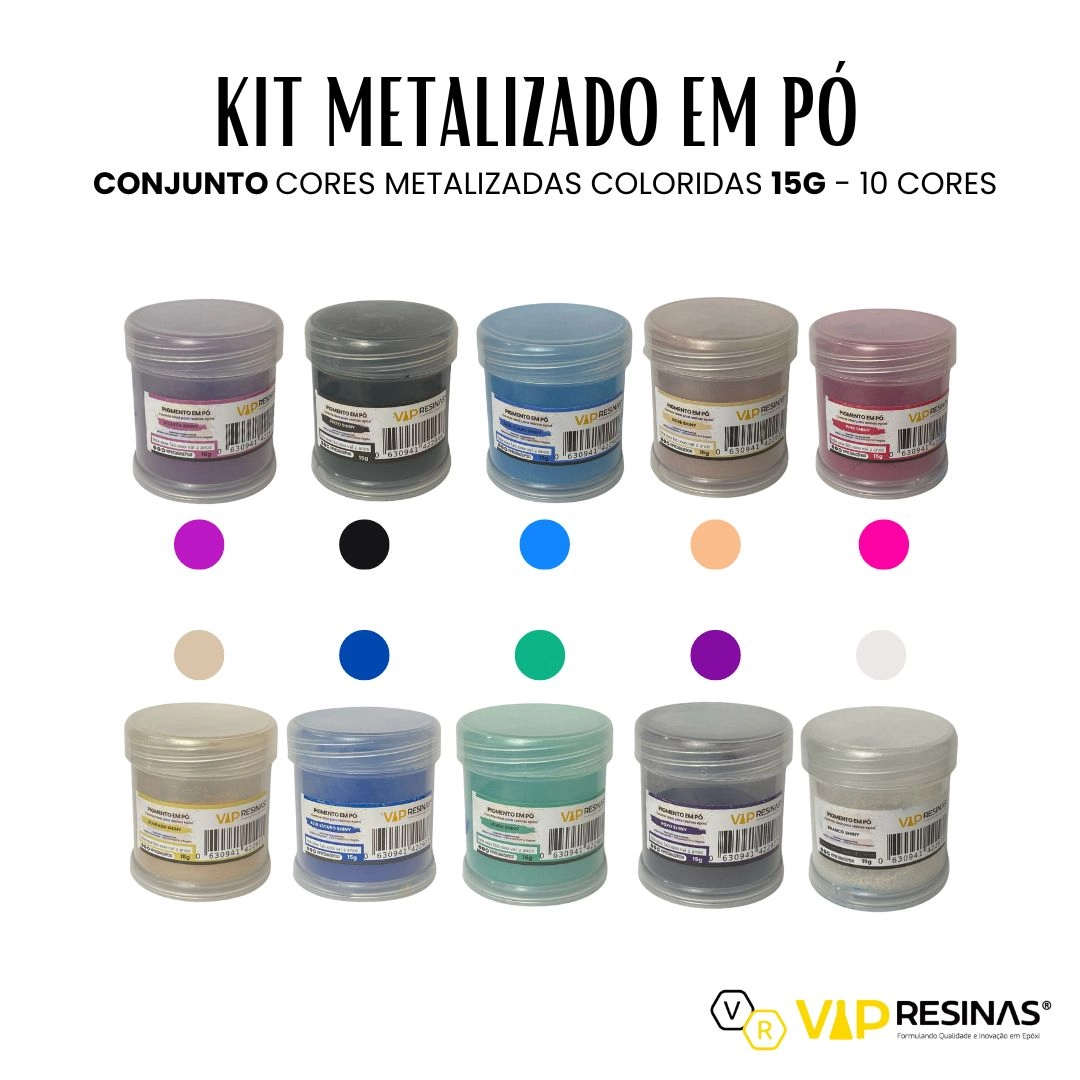 Kit 10 Pigmentos Epóxi Em Pó P/resinas Cores Shiny 15g cada Vip Resinas Kit 10 Pigmentos Epóxi Em Pó P/resinas Cores Shiny 15g cada Vip Resinas