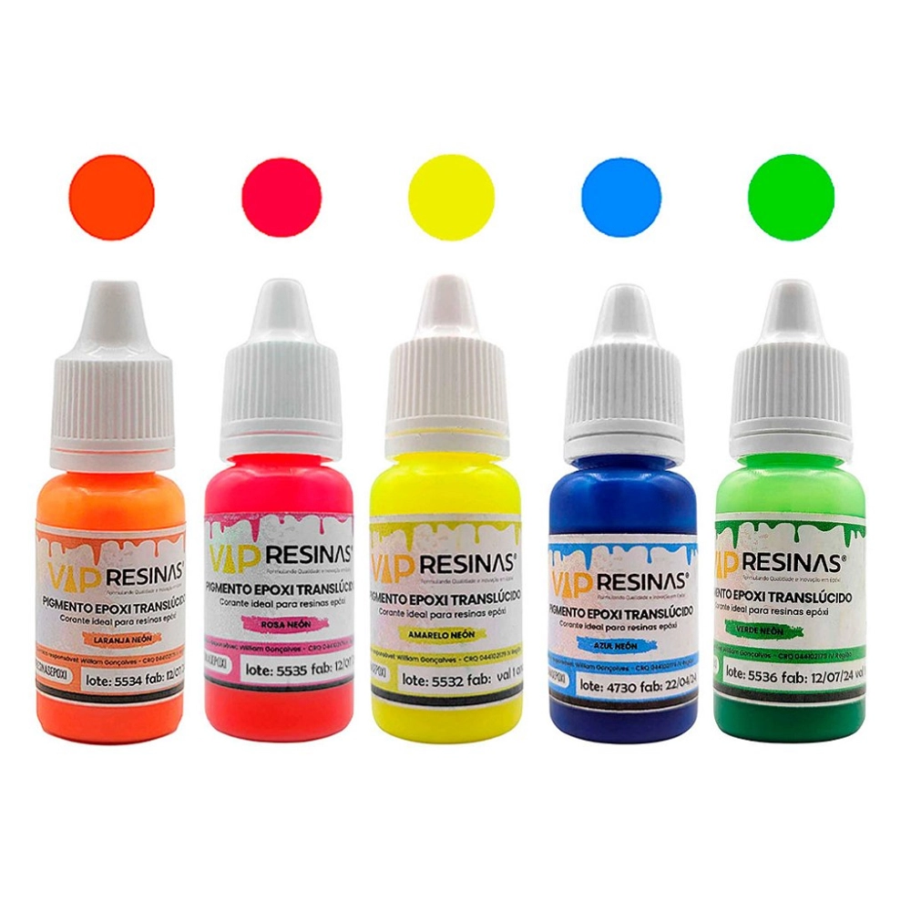 Kit 5 Cores Pigmento Epóxi Translúcido Neon 10g Vip Resinas Kit 5 Cores Pigmento Epóxi Translúcido Neon 10g Vip Resinas